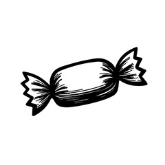 Candy wrapped in twisted foil ends in monochrome style for sticker packs and sweets branding - concept of childhood and sugar treats