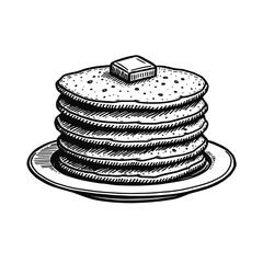 Stack of pancakes with butter on top in engraving style for breakfast menus and cozy cafe branding - concept of comfort food and morning meals