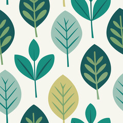A seamless minimal floral pattern featuring stylized leaf prints in shades of green with a neutral off-white background.