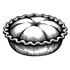 Black and white classic whole pie icon in engraving style for food packaging and nostalgic graphics - concept of tradition and seasonal desserts