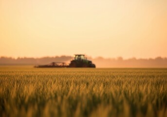 Naklejka premium Tractor in Golden Field at Sunset. Agricultural machinery operating amidst an expansive grain harvest during twilight. Symbolizes rural industry and sustainable growth.