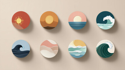 Minimal sun and wave icons in July theme