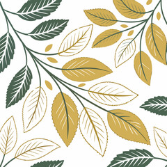 Obraz premium Elegant minimal floral pattern composed of various autumnal leaves in olive green and gold tones on a white background