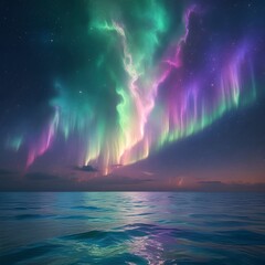 Naklejka premium Brilliant nebula in the night sky glowing with aurora hues, reflected over a serene sea. A surreal blend of cosmos and earth—perfect for fantasy art, sci-fi visuals, or meditative digital backdrops.