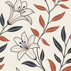 Elegant vector illustration featuring a seamless floral pattern with lily flowers and leaf prints perfect for design