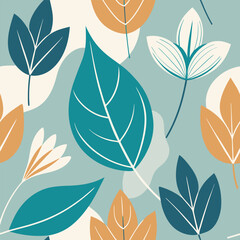 Elegant seamless minimal floral pattern featuring various leaf prints in shades of teal beige and gold creating a stylish design