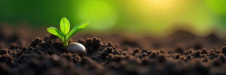 Tiny Seed in Dark Soil, Ready to Sprout Sunlight Illuminates Potential for New Life and Agricultural Growth