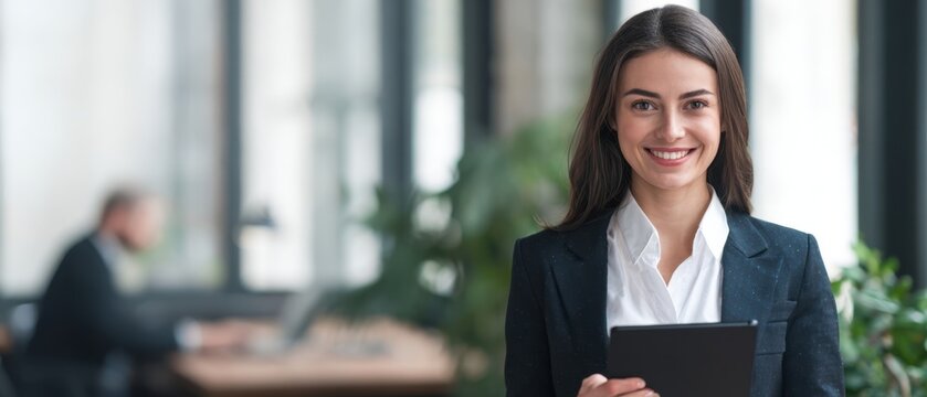 The smiling woman holding a tablet in a modern office environment.
