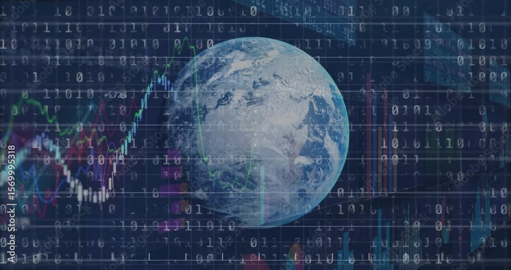 Poster opening rotating globe under binary code, bars adjusting and line fluctuating showing market data