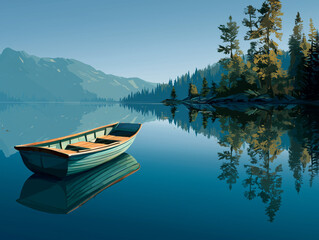 Obraz premium Vector scene of boat on lake with reflection