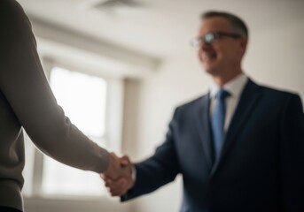 Professional Handshake Agreement. Blurred image shows two individuals sealing a positive accord with a handclasp. Conveys trust, partnership, and a promising new venture.