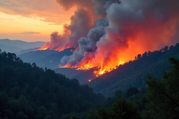 Wildfire Inferno Consumes Dense Forest, Billowing Smoke and Fiery Destruction Across the Landscape
