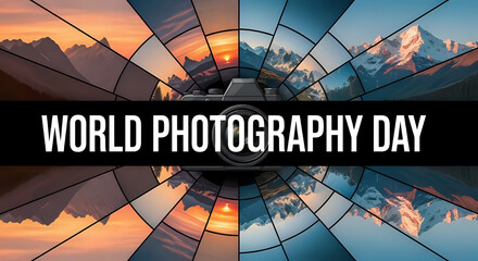 World photography day graphic featuring landscape photos and a camera in the center of the image