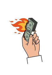 Burning Stack of US Dollar Bills Held by a Hand - Cartoon illustration depicting financial loss, inflation, or excessive spending.

