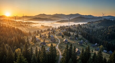 sunrise in the mountains with electric windmills
