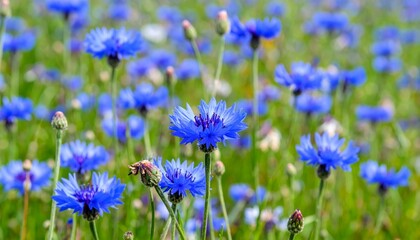 Fototapeta premium Vibrant Blue Flowers in a Field Under Bright Natural Light