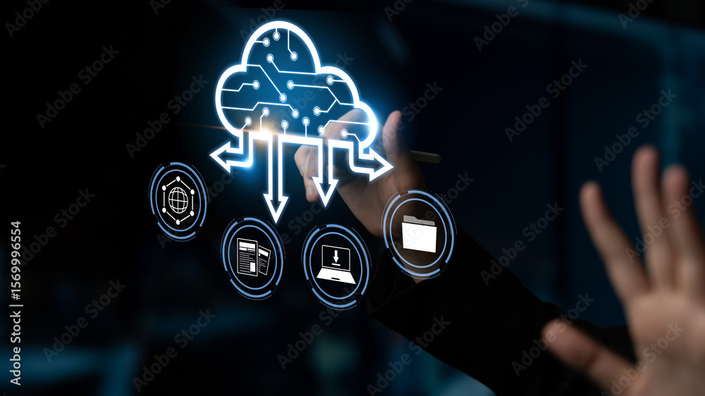 Poster cloud computing enables digital growth with secure data storage, scalable infrastructure, and strate