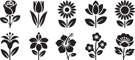 A Collection of Ten Black and White Vector Glyph Flower Icons Rose Tulip Sunflower Lotus Hibiscus Lily and More Floral Designs Simple Flat Style