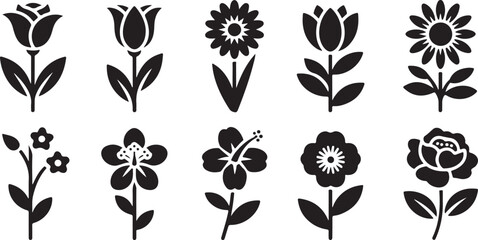 Black and White Floral Icon Set Vector Glyph Illustrations Twelve Simple Botanical Flower Designs Tulips Roses Sunflowers Hibiscus and More