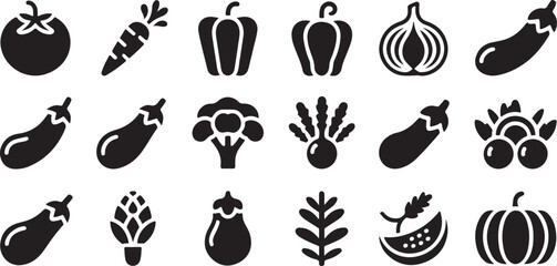 Black and White Vegetable Glyph Icon Set featuring Tomato Carrot Bell Pepper Onion Eggplant Broccoli Beet Artichoke Pumpkin Watermelon and More