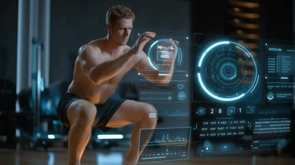Athletic man performing a squat exercise in a modern gym, utilizing advanced holographic technology to track fitness metrics and enhance workout performance - Powered by Adobe