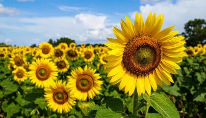 Fototapeta premium Vibrant Sunflower Field Under Bright Blue Sky with Fluffy Clouds