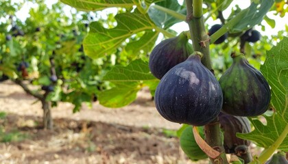 Fresh Figs Growing on Branch in Organic Orchard Environment