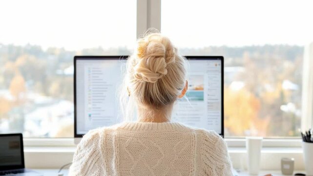 Woman Working From Home Office: A blonde woman with her hair in a bun sits at her desk in front of a large computer screen, working from home in a bright office with a window view.