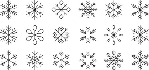 Eighteen Black Line Art Snowflake Icons Vector Pictograms Set Winter Holiday Design Elements Geometric Minimalist Style Snow Crystal Symbols