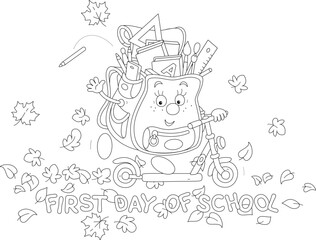 First day of school, cartoony Schoolbag merrily riding a small scooter to school through fallen autumn leaves, black and white vector cartoon illustration for a coloring book
