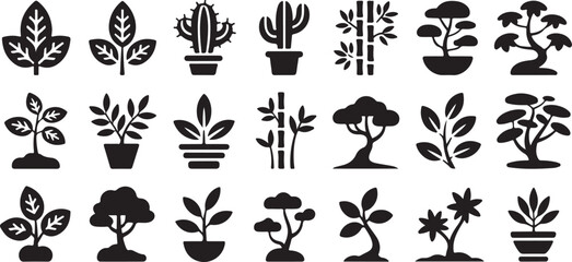 Fototapeta premium Thirty Black Glyph Plant Tree Icons Set Vector Illustration Featuring Various Plants Trees and Botanical Elements in a Simple Silhouette Style Against