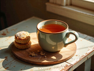 Coffee in a cup with beansand grinder over wooden table