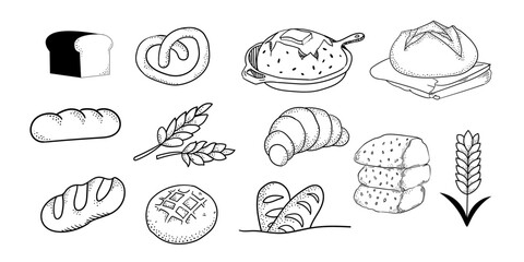 Bread illustration in ink, Types of bread doddle,Hand Drawn Bread design set,Gluten food,Pastry, Bread-oven,Restaurant design element collection.  