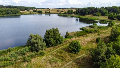 Fototapeta premium Serene Aerial View of Calm Lake Surrounded by Lush Greenery