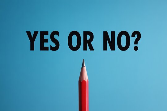 A single red pencil stands upright against a clear blue background with the bold black text yes or no above it