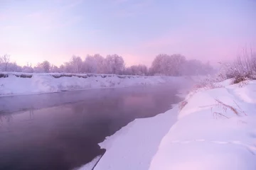 Fototapeten Lila winter landscape with river  © Denis Tuev