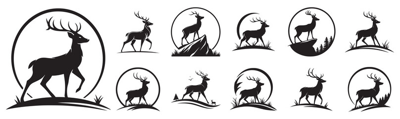 Set of Black and White Deer Silhouettes in Mountain Landscapes