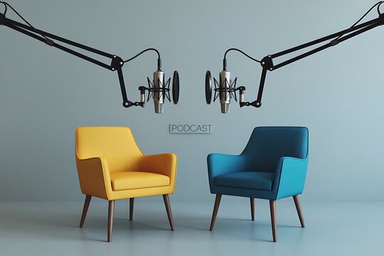Two modern armchairs one yellow and one blue are set up for a podcast recording with professional microphones and boom arms overhead
