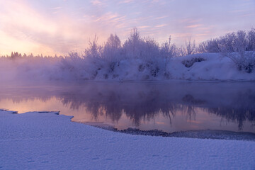 frosty morning on the river with fog