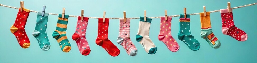 Whimsical Mismatched Socks on Clothesline Playful Colorful Wool Pattern for Blogs, Websites & Social Media