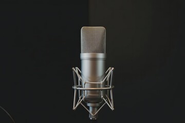 Professional silver condenser microphone mounted on a shock mount against a dark studio background for audio recording
