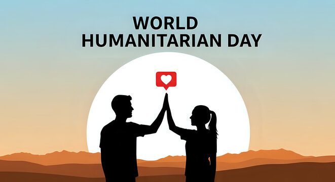 Silhouette of man and woman high fiving in front of sun with world humanitarian day text above them - Powered by Adobe