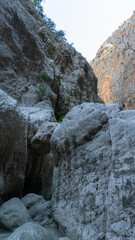 Deepest narrow stone canyon Saklikent in national park in Mugla Province in southwestern Turkey. Vertical image