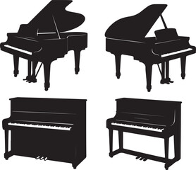 Piano Silhouettes: Grand and Upright Pianos, Black and White Vector © SilhouetteStore