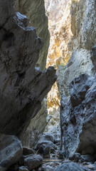 Deepest narrow stone canyon Saklikent in national park in Mugla Province in southwestern Turkey. Vertical image