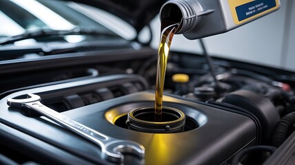 Close up of golden motor oil being poured from a grey plastic container into a car engine with a wrench nearby for maintenance