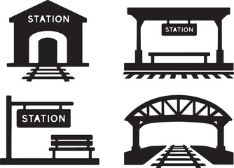 Train Station Icons: Black Silhouette Set on White Background