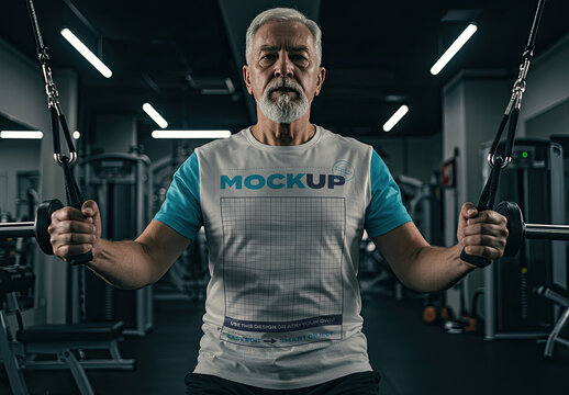 Elderly Man Working out Exercise on Gym T Shirt Mockup