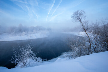 winter landscape with fog