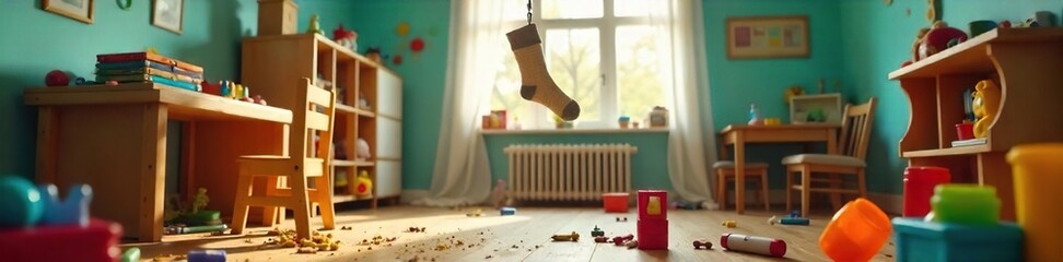 Daycare Mayhem Hilarious Photo of Toys Scattered, Crayons Everywhere, and a Sock on the Ceiling Fan
